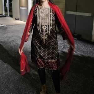 Elegant Black and Red Embroidered Kurta Set